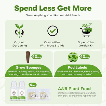 Ahopegarden 86PCS Hydroponic Pods Kit: Grow Anything Herb Kits with 600ml A&B Plant Food, 40 Grow Sponges, 40 Labels, 1 Tweezer - Hydroponics Supplies for Aerogarden&Most Brand Herb Garden - style: 86pcs Hydroponic Pod kits