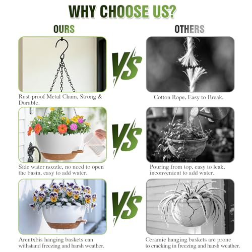 13 Inch Large Self Watering Hanging Planters 2 Pack with Saucers - color: White Brown, size: 13 Inch 2 Pack