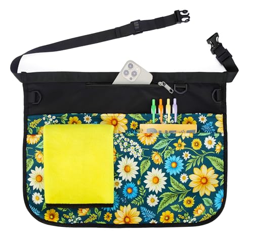 Bafelia Waterproof Server Apron for Women with 7 Pockets - color: Green Flowers