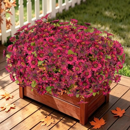 15PCS Artificial Fall Flowers for Outdoors, UV Resistant Fake Mums - color: Burgundy Daisies & Burgundy Violets