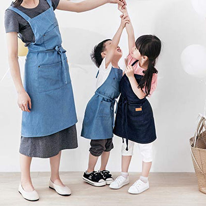 Cute Denim Matching Apron for Kids and Adults, Cook Art Paint Garden - color: Lightblue, size: kid M(age 8-12)