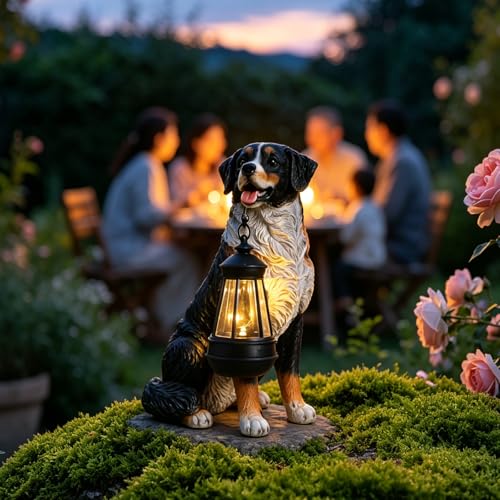 Dog Garden Statue, Bernese Mountain Dog Statue Holding Lantern Yard Art - style: Bernese Mountain Dog