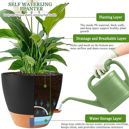 2 Pack 10 inch Plant Pots, Plastic Self Watering Planters - color: Black, size: 10 inches