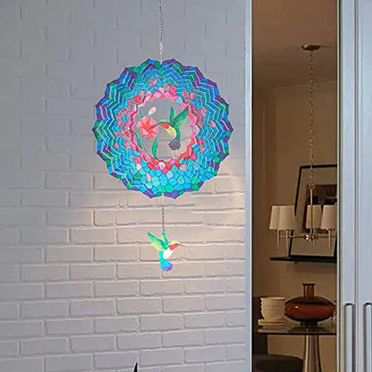 12" Hummingbird Hanging Wind Spinners, 3D Kinetic Metal Wind Spinner - color: Blue & Green
