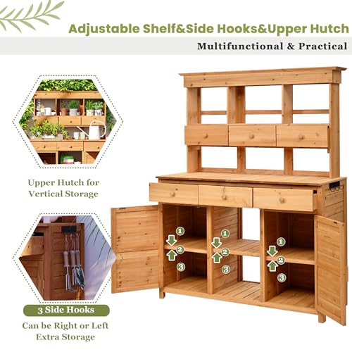 Merax 65.7" Tall Garden Potting Bench with Hutch, 3 Shelves, 6 Drawers, 2 Cabinets & Hooks - color: Natural