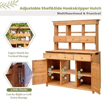 Merax 65.7" Tall Garden Potting Bench with Hutch, 3 Shelves, 6 Drawers, 2 Cabinets & Hooks - color: Natural