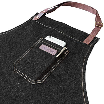 Chef Apron with Pockets & Towel Loop,Mens Womens,Black Denim - color: Black Denim