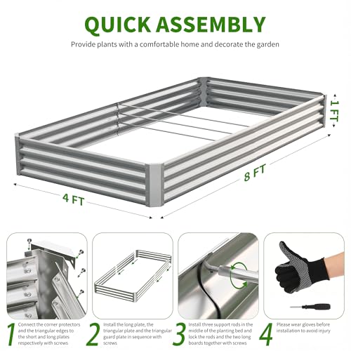 Galvanized Raised Garden Bed,Outdoor Planter Box Metal Patio Kit Planting Bed for Vegetables Flowers Herb (Galvanized, 8x4x1ft-2p) - size: 8x4x1ft-2p