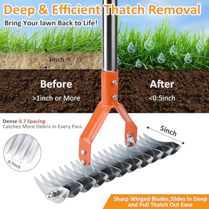 Thatch Rake -15 Inch Dethatcher Rake with Adjustable Handle, Efficient Steel Metal Rakes with Handle,Heavy Duty Thatching Rakes for Lawn,Garden, Yard