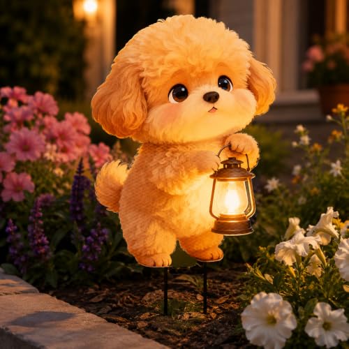 Fluffy Poodle Puppy Holding Lantern 2D Flat Acrylic Garden Stake, UV Weather Resistant Lawn Flower Pot Planter Path Balcony Patio Outdoor Yard Decor Ornament - color: Poodle Puppy Holding Lantern
