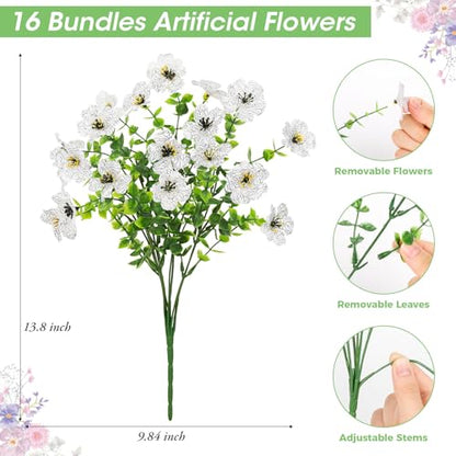 Bassion 16 Bundles Artificial Flowers for Outdoors Fake Flowers, White - color: White