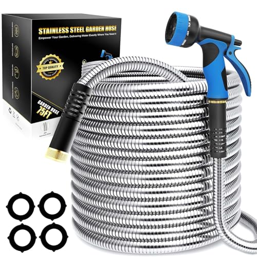Lefree 75ft Metal Garden Hose - 304 Stainless Steel Water Hose - color: Silver, size: 75FT