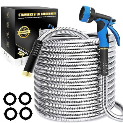 Lefree 75ft Metal Garden Hose - 304 Stainless Steel Water Hose - color: Silver, size: 75FT