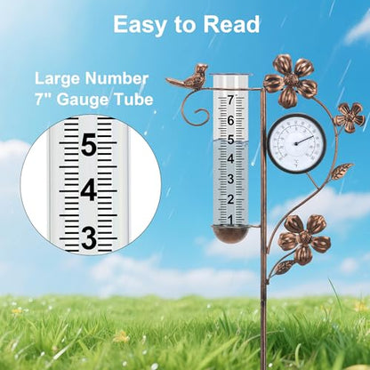 Rain Gauge Outdoor with Thermometer Garden Decorative, Bird Rain Gauges