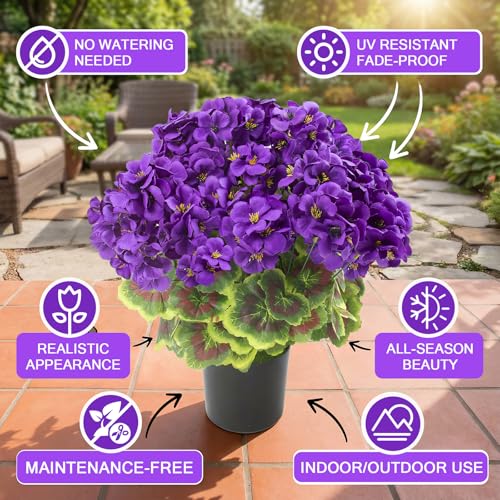 lovemoon 2 Pcs Geranium Potted Artificial Flowers, Purple, 19" - color: Purple