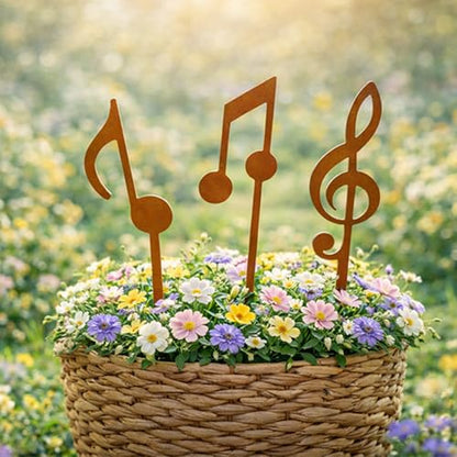 Metal Garden Decor Music Note Plant Stake Set for Flower Pots, Steel