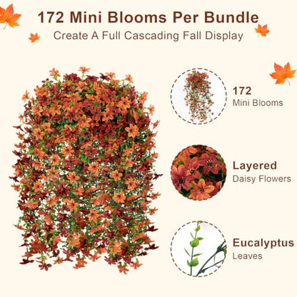 Artificial Hanging Flowers for Outdoors, 2 PCS 344-Bloom UV Resistant Mums - color: Orange Burgundy