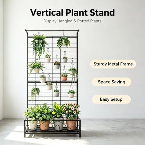 Zhongma Metal Planter with Trellis Raised Bed with Trellis for Vine Climbing Plants Flowers(12.8 x 35.43 x 74 in), 74 Inch Height Privacy Screen with Hanging Plant Pot Shelf - size: 12.8 x 35.43 x 74 in
