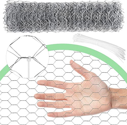 Chicken Wire 15.7 in x 590.5 in Poultry Wire Netting Hexagonal Galvanized Mesh Garden Fence Barrier for Pet Rabbit Chicken Fencing with 100 Pcs Cable Zip Ties - color: Silver, size: 15.7"x590.5"+100Ties