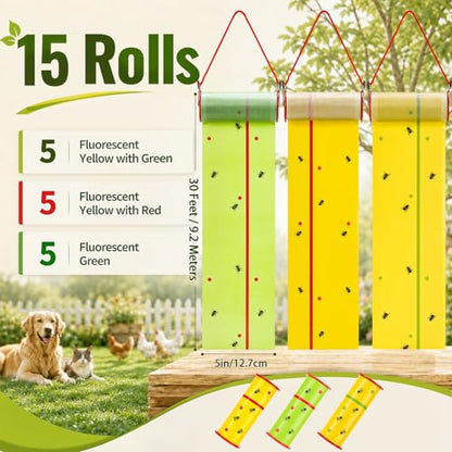 15 Rolls Sticky Fly Trap 30 ft Each, Fluorescent Green Yellow - color: Fluorescent Green,Fluorescent Yellow