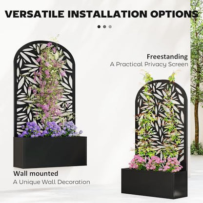 Outsunny Metal Raised Garden Bed with Trellis, Leaves Cut-Out - style: Leaves Cut-Out