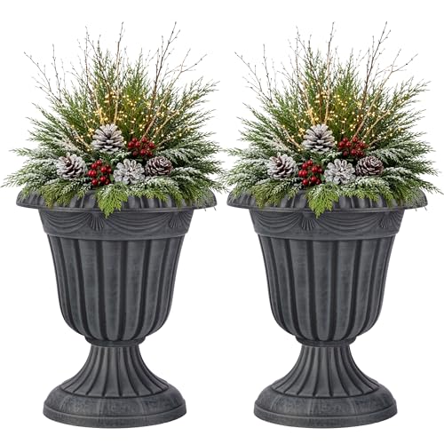 Outdoor Planter 2-Pack - 16x18-Inch Urn Planters for Front Porch Decor, Indoors, Patio or Entryway - Plastic Plant Pots - Large Decorative Flower Pots by Pure Garden (Stone Gray) - color: Stone Gray
