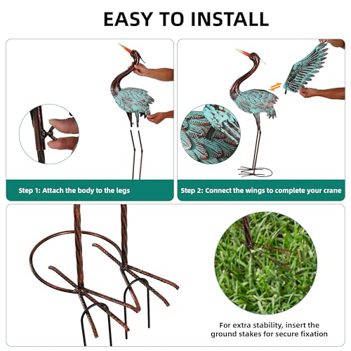 36.8" Metal Blue Heron Garden Statue, Handcrafted Crane Sculpture - color: 36" Distressed Patina Green