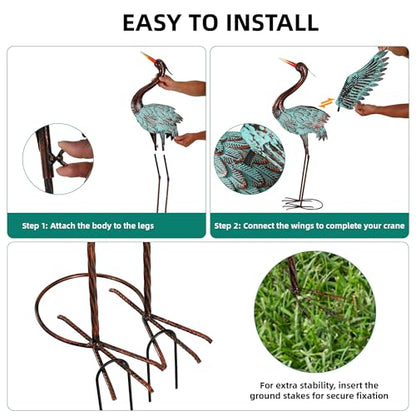 36.8" Metal Blue Heron Garden Statue, Handcrafted Crane Sculpture - color: 36" Distressed Patina Green