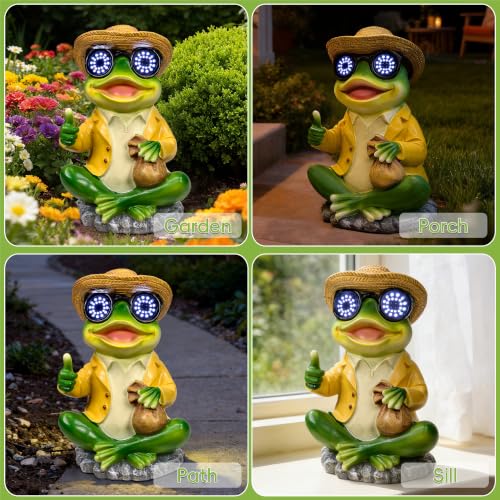 Solar Frog Statue with Blinking LED Eyes, Solar Powered Garden Decor - color: Green Solar Frog Statue