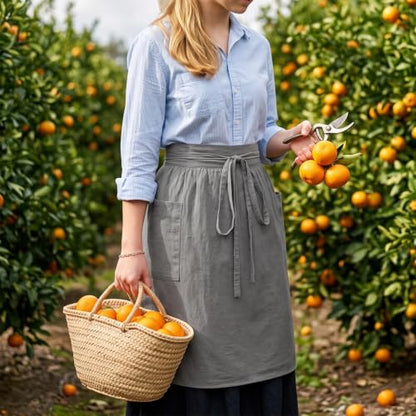 Linen Half Waist Apron for Women with Pockets Pioneer Aprons 2 Size - color: Grey