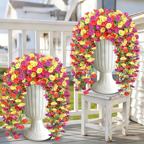 Artificial Hanging Flowers for Outdoors, 4 PCS 600 Blooms UV Resistant Morning Glory Faux Silk Vines, No-Odor Realistic Fake Plants for Garden Planter Porch Patio Decoration, Purple & Yellow & Red - color: Purple & Yellow & Red