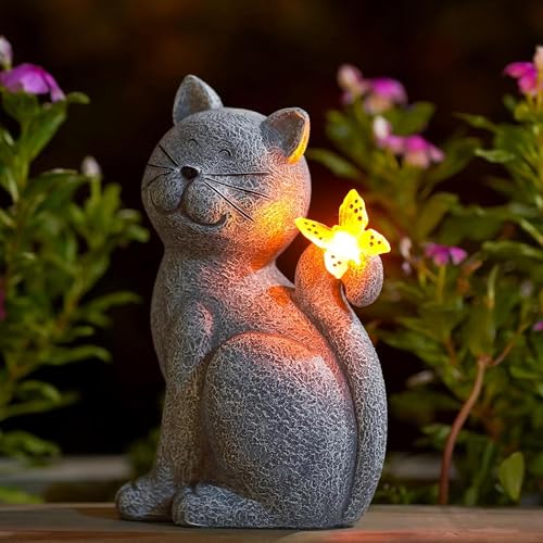 Nacome Cat Outdoor Statues for Garden with Solar Butterfly - color: Garden Cat