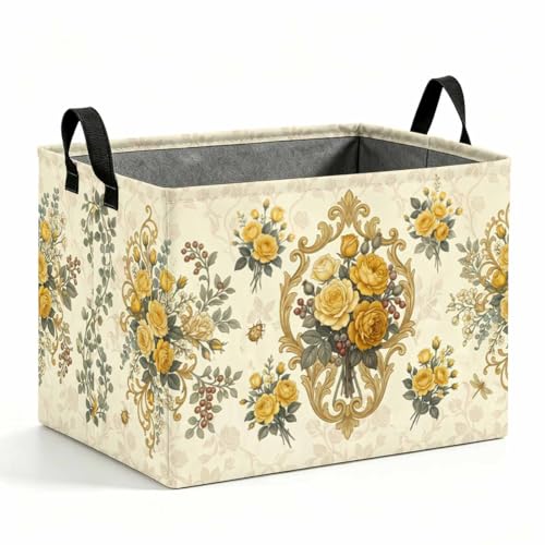 Yellow Rose Storage Basket with Handles, Vintage Floral Laundry Hamper 56L Large Collapsible Organizer, Laundry Basket for Bathroom/Laundry/Bedroom - color: Yellow Rose