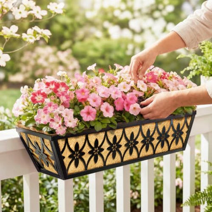 30 Inch Window Boxes Planters Railing Planter Box - 2 Pack Deck Railing Planter Boxes with Adjustable Brackets Coco Liners Balcony Planters Railing Hanging for Window Flower Boxes Outdoor Garden Decor - size: 30 Inch