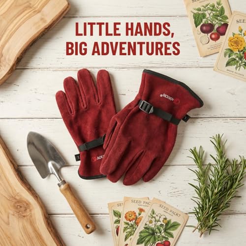 Kids Leather Work Gloves Age 2-15, Extra Soft Deerskin Suede (Red, 10-15Y) - color: Red 1 Pair, size: Large (10-15 Years Old)