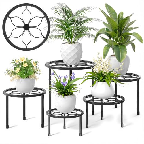 VECELO Metal Plant Stands Set of 5, Multiple Heavy Duty Flower Pot Stand, Round Plant Holder, Black - color: Black