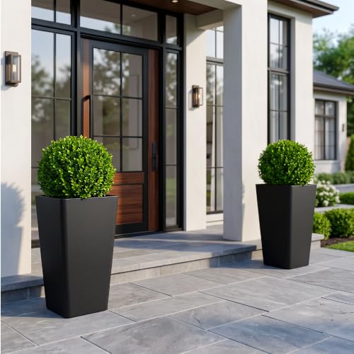 KOL Planters for Outdoor Plants, 20 Inch Tall Black Flower Pots 2 Pack, Large Plastic Plant Pots with Drainage Hole and Dual-Purpose Tray, Decorative Indoor Planter for Front Porch Patio Garden - color: Black, size: 20 Inch Tall