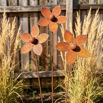Rustic Metal Coneflower Garden Stakes, Set of 3 Rusted Iron Daisy Yard Art - color: Metallic