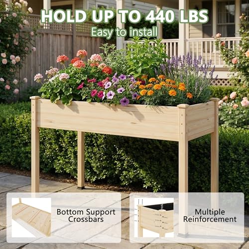 Raised Garden Bed with Legs, 48x24x30in Tall Wooden Elevated Planter Box with Liner for Flowers Vegetables Herbs, Outdoor Reinforced Large Raised Bed for Balcony/Patio/Backyard - size: 48x24x30in