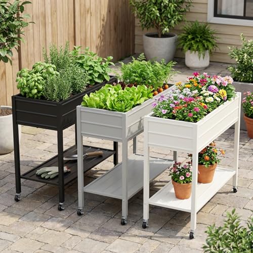 32" Tall Galvanized Raised Garden Bed with Legs Wheels & Shelf, Black - color: Black