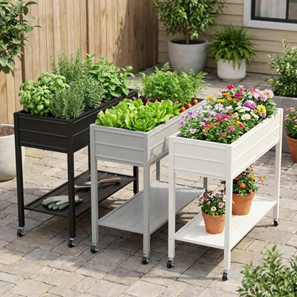 32" Tall Galvanized Raised Garden Bed with Legs Wheels & Shelf, Black - color: Black