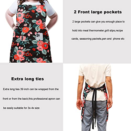 Plus Size Adjustable Bib Apron Water Resistant Canvas Extra Wide Long Ties Aprons with 2 Pockets Kitchen Cooking Gardening - color: Flowers