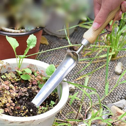 Stainless Steel Handheld Garden Trowel Seed Planting Shovel Long Narrow Gardening Trowel Small Weeding Digging Shovel with Graduation and Wood Handle for Repotting
