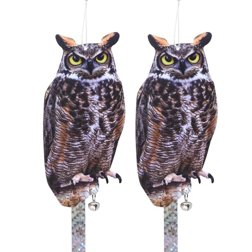 2Packs Fake Owls, Reflective Owl Hanging Decoration Dual-Side Printed Raster Fake Hawk for Garden Patio Windows - color: Angry Owls 2pcs