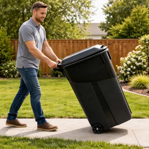 45 Gallon Heavy Duty Trash Can with Wheels and Lid, Outdoor Garbage Can Rolling Waste Bin, Large Plastic Trash Container for Backyard, Garage, Patio, Indoor & Outdoor Use