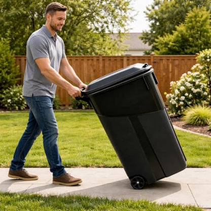 45 Gallon Heavy Duty Trash Can with Wheels and Lid, Outdoor Garbage Can Rolling Waste Bin, Large Plastic Trash Container for Backyard, Garage, Patio, Indoor & Outdoor Use