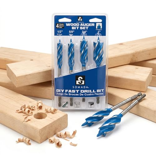 SOMADA Auger Drill Bit Set for Wood, 4-Piece, Hex Shank Quick Change - size: 4 PCS SET