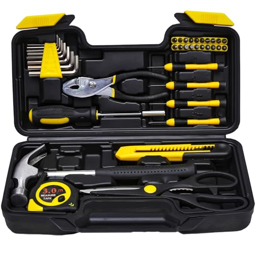 RVOGJP 39-Piece General Household Tool Kit, Basic Small Hand Tool Set with Plastic Toolbox for Home, Garage, Office & College Dorm Use, Yellow - color: Yellow