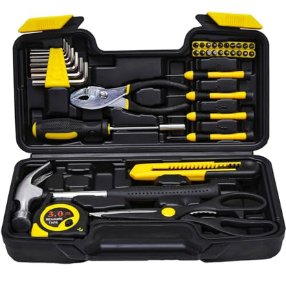 RVOGJP 39-Piece General Household Tool Kit, Basic Small Hand Tool Set with Plastic Toolbox for Home, Garage, Office & College Dorm Use, Yellow - color: Yellow