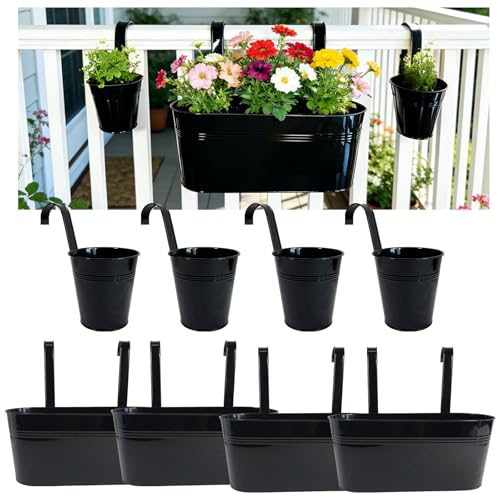 8 Pack Mixed Size Metal Fence Planters Set with Detachable Hooks, Black - color: Black, size: Oval*4 + Round*4